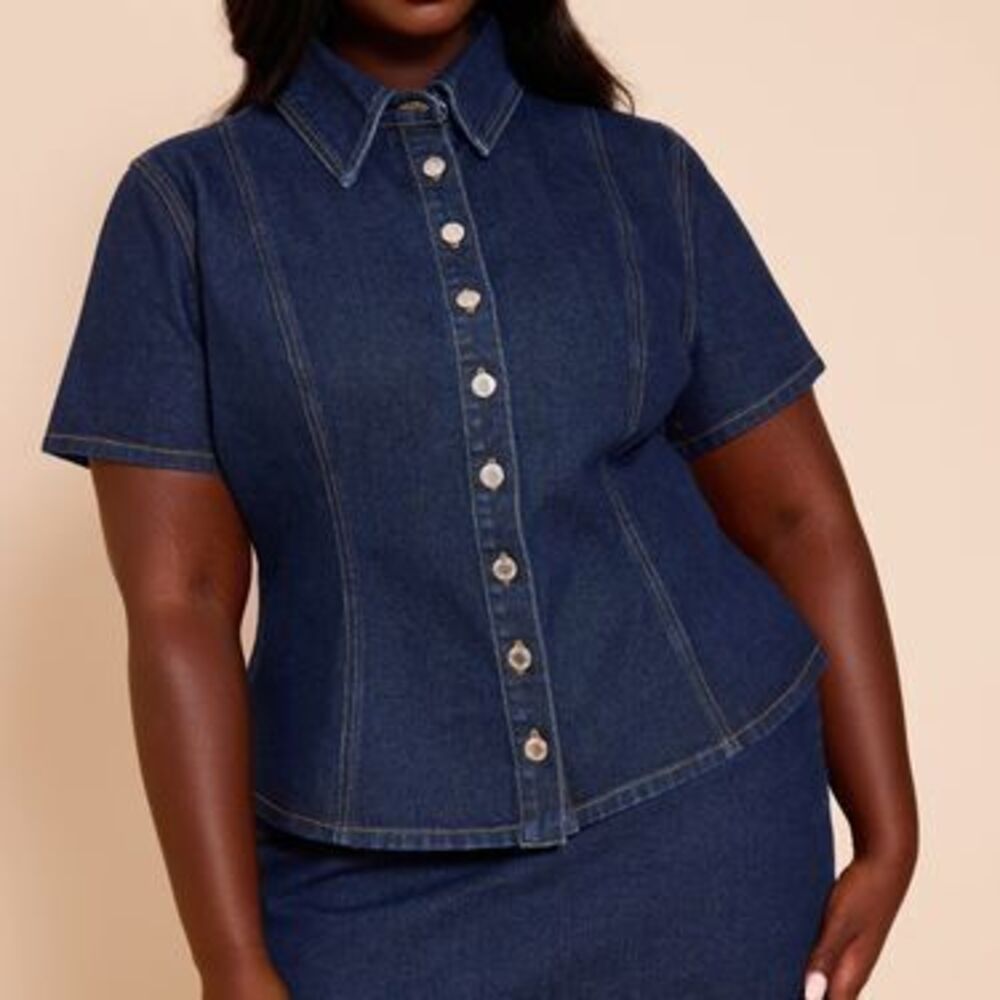 Plus Indigo Denim Button Up Short Sleeve Shirt